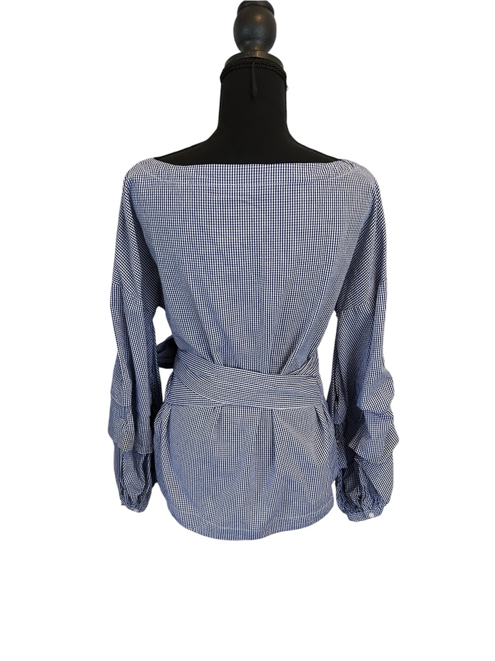 Max Jeans Blue Gingham Tie-Waist Boatneck Blouse 100% Cotton - Picture 3 of 7